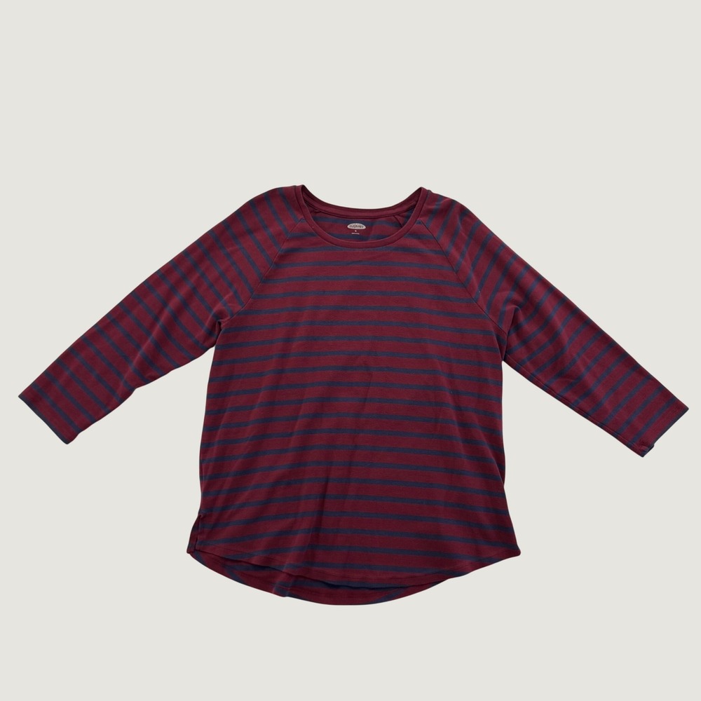 Old Navy Womens XL Burgundy Navy Blue Striped Raglan 3/4 Sleeve Top Crew Neck